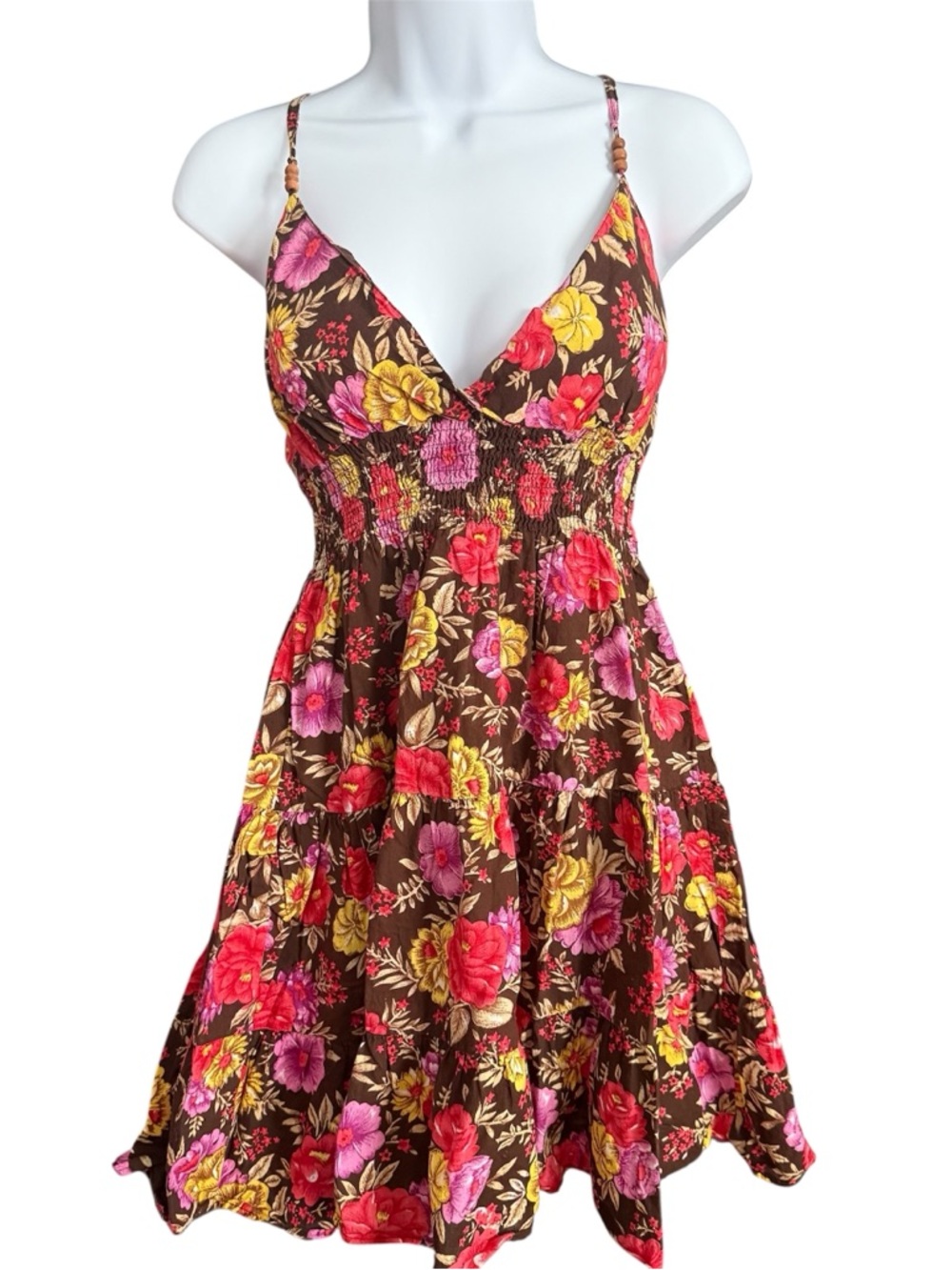 Vintage Y2K Brown Floral Spaghetti-Strap Mini Dress Women’s Size S
